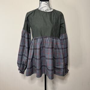 DEBO Couture Plaid Babydoll Tunic Top Olive Green Gray Long Sleeve Size M